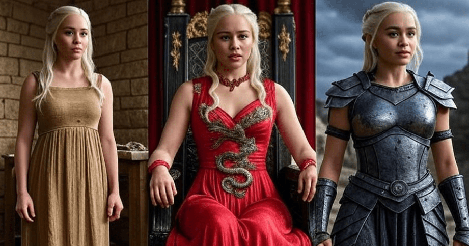 Sequence of Daenerys Targaryen in three distinct outfits: a humble earthy-toned dress, a vibrant red gown with dragon motifs symbolizing her rise, and a battle-ready militaristic armor showcasing bold textures, reflecting her transformation from vulnerable princess to powerful queen, presented