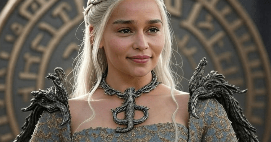 Detailed close-up of Daenerys Targaryen adorned with intricate dragon-shaped metallic jewelry, featuring an outfit with dragon motifs on luxurious fabric. The background showcases subtle Valyrian symbols, emphasizing her royalty, power, and heritage, presented