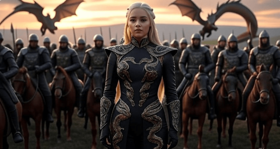 Daenerys Targaryen stands confidently before her army in a bold, military-inspired outfit with regal armor and dragon imagery, symbolizing her leadership. Her dragons soar above, while the army stands ready under a sky reflecting her powerful claim, captured