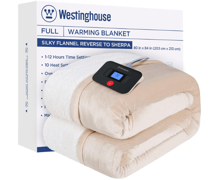 Westinghouse Electric Blanket Full, Heated Blanket Full Size with 10 Heating Levels and 1 to 12 Hours Heating Time Settings, Flannel to Sherpa Reversible,...