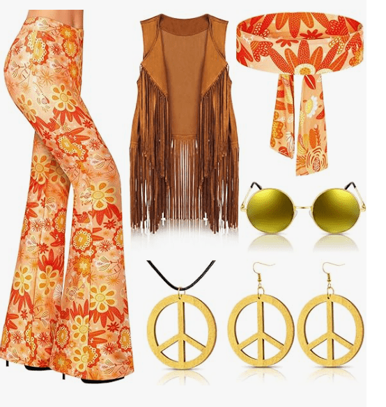 Haull 7 Pcs 60s 70s Outfits for Women Hippie Costume Set Boho Flared Pants Fringe Vest Peace Sign Accessories Set 