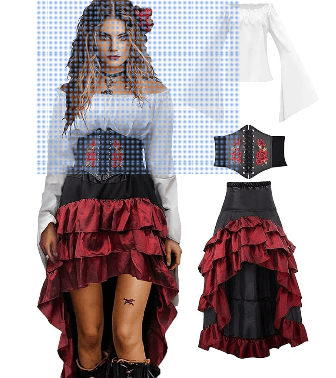 Verceco Pirate Costume Women Outfit with Renaissance Pirate Shirt Skirt Corset Waist Belt Womens Halloween Pirate Costumes (White+Red, S)
