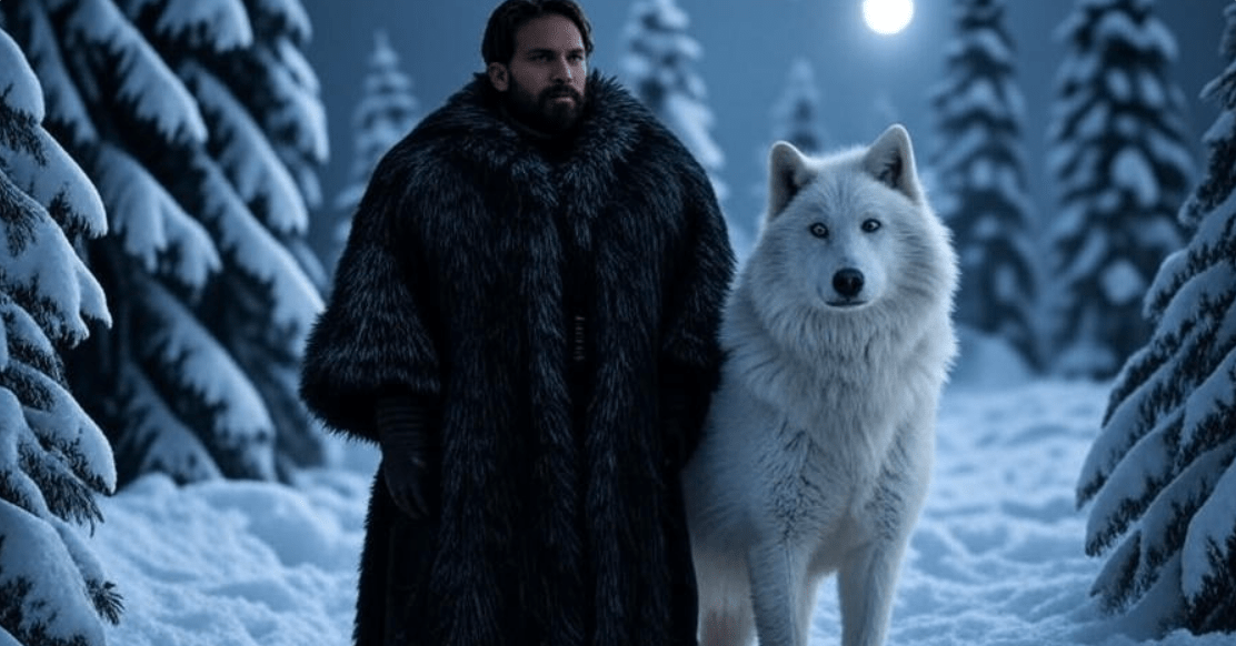 on Snow with direwolf Ghost in snowy forest from Game of Thrones books.
