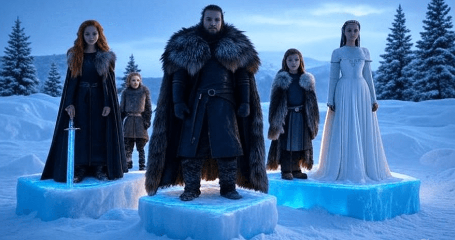 Jon Snow with Ygritte, Arya, and Sansa in symbolic snowy scene from Game of Thrones books.
