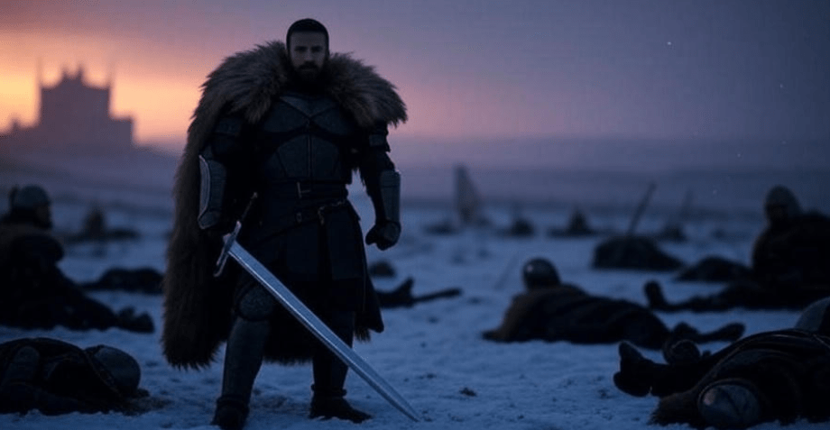 Heroic Jon Snow in snowy battlefield with Valyrian steel sword, Game of Thrones scene