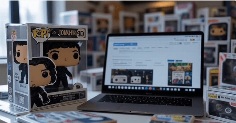 Jon Snow Funko Pop box with laptop showing trusted retailer, collectible shopping.