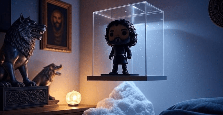Jon Snow Funko Pop in acrylic case on shelf with LED lighting, Game of Thrones decor.