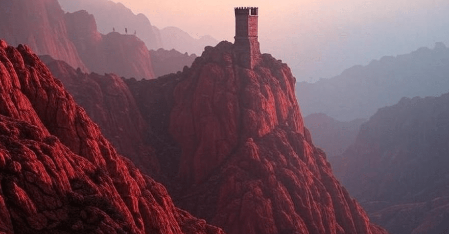 Tower of Joy at dusk in the Red Mountains of Dorne, Game of Thrones setting.