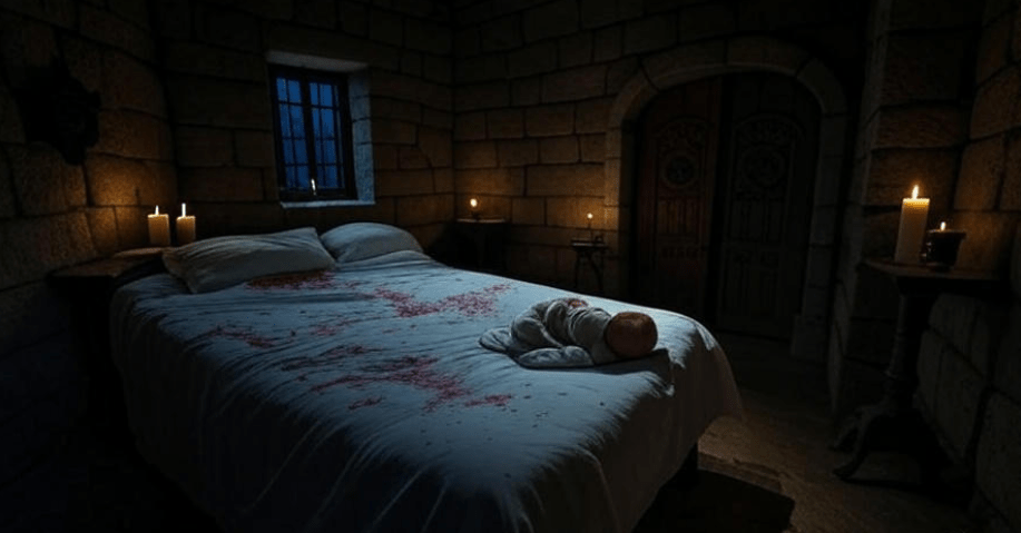 Blood-stained bed in Tower of Joy after Lyanna Stark's childbirth, Game of Thrones.