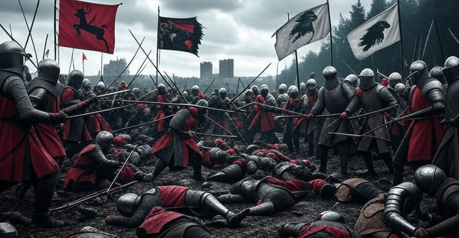 Robert’s Rebellion war camp with Baratheon and Stark banners, Game of Thrones