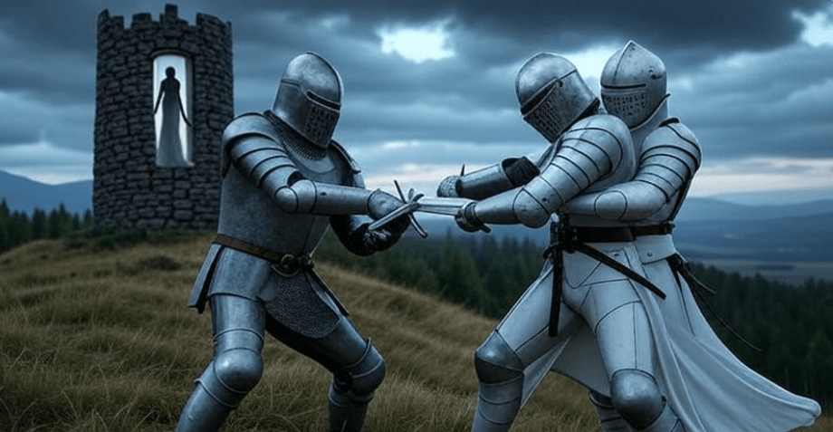Tower of Joy battle scene with Ned Stark and Ser Arthur Dayne, Lyanna Stark silhouette in Game of Thrones.