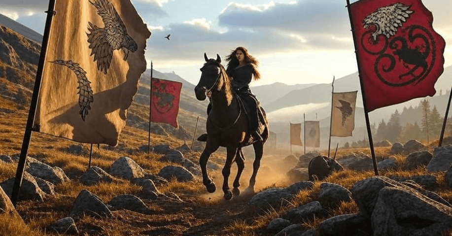 Robert’s Rebellion battlefield with Baratheon and Stark banners, Lyanna Stark on horse in Game of Thrones.