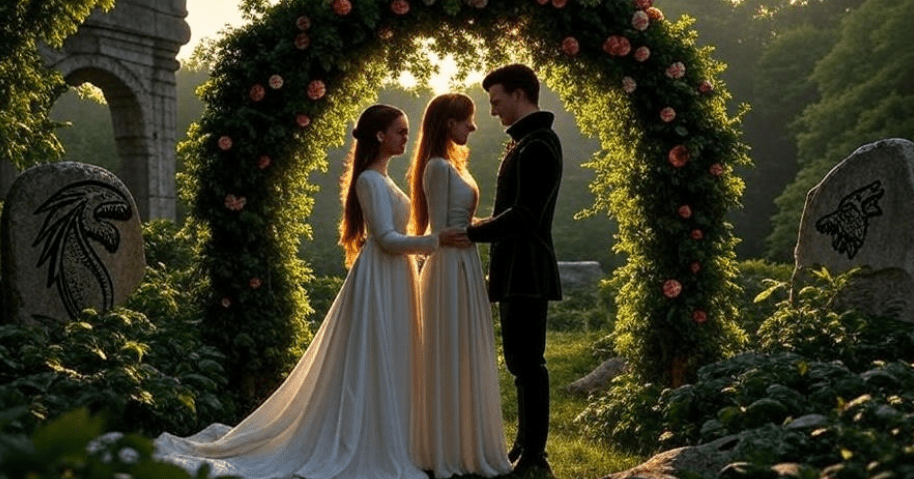 Lyanna Stark and Rhaegar Targaryen secret wedding in hidden garden in Game of Thrones