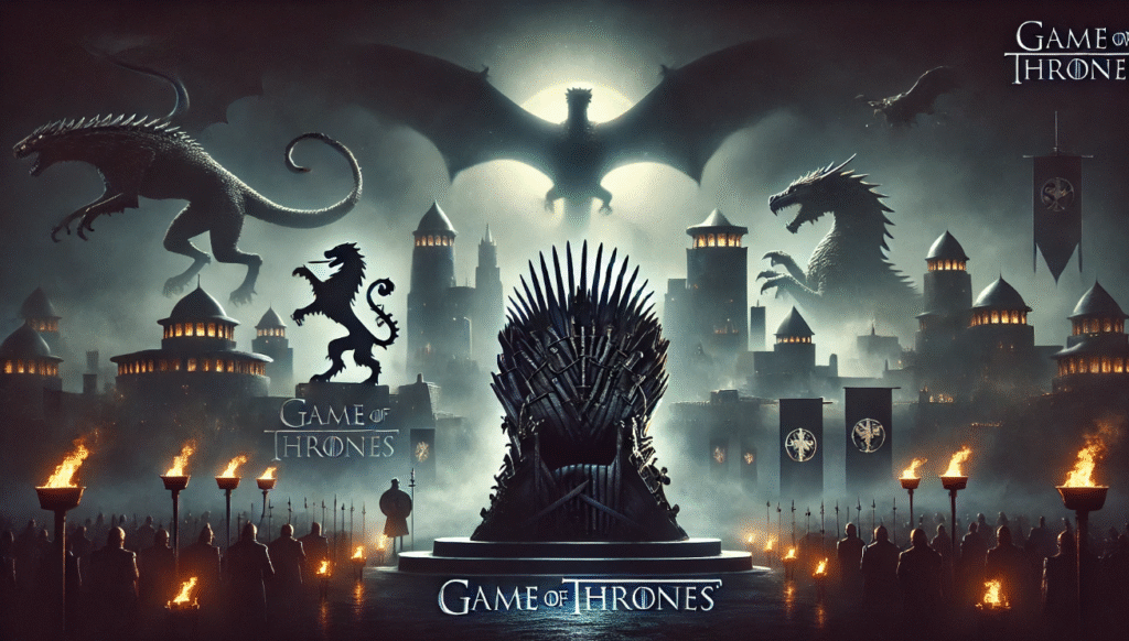 At the center, in the foreground, looms the Iron Throne, a jagged mass of twisted swords fused together, its dark metal glinting faintly in the glow of torches. Shadows pool around its base, giving it an ominous weight, as if it is both a prize and a curse.