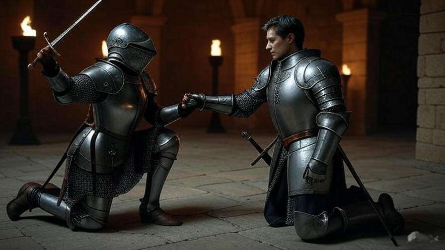 Two knights in gold-plated and blue-silver armor facing off on a battlefield, comparing Jaime and Brienne’s armor in Game of Thrones.