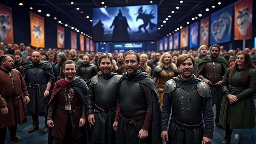 A lively 16:9 image of a Game of Thrones fan convention, with fans in medieval-inspired costumes celebrating the R+L=J theory reveal of Jon Snow as Aegon Targaryen.