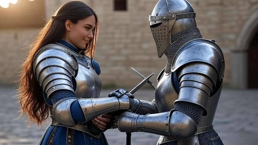 Brienne of Tarth receiving Oathkeeper and blue-silver armor from Jaime Lannister in a Game of Thrones castle courtyard.