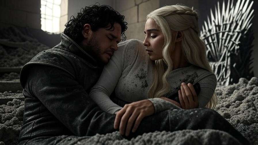 Jon Snow embraces Daenerys Targaryen in a ruined throne room with the broken Iron Throne in the background, capturing their tragic farewell in a Game of Thrones scene.