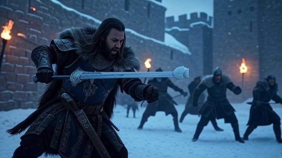 Jon Snow battling wildlings with Longclaw at Castle Black in snowy fight scene.
