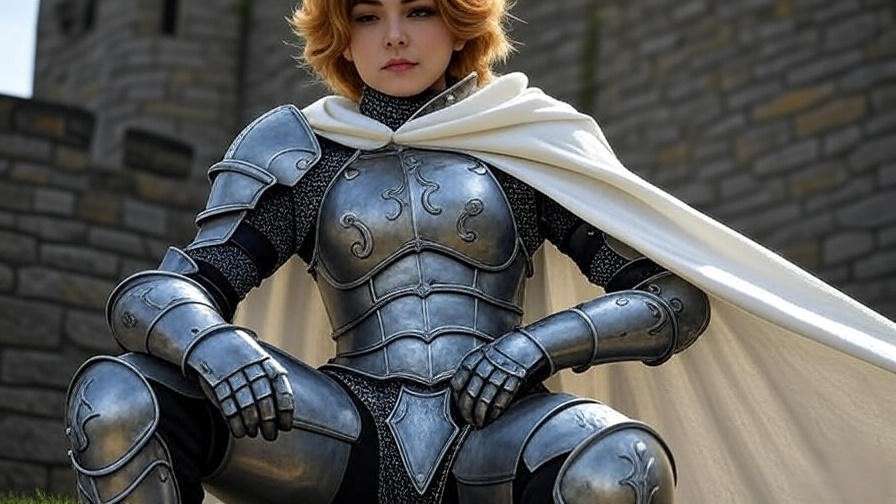 Cosplayer in Kingsguard armor with white cloak in front of a castle from Game of Thrones