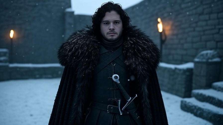 Jon Snow stands in Winterfell’s snowy courtyard at dusk, wearing a fur-lined cloak, with ancient stone walls in the background, capturing his brooding honor in a Game of Thrones scene.