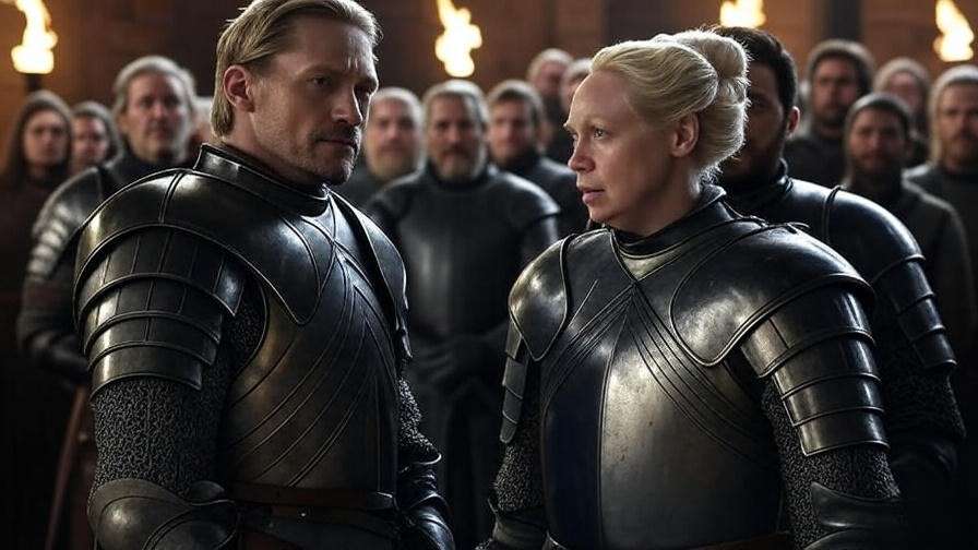 Brienne of Tarth’s knighthood ceremony in Game of Thrones, with Jaime Lannister bestowing knighthood in Season 8.