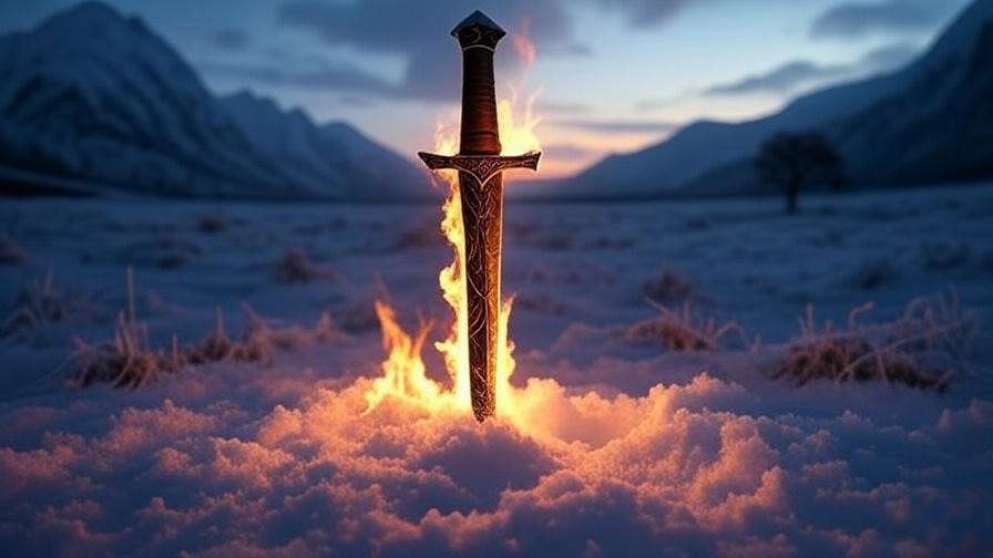 Symbolic representation of Game of Thrones dagger embodying Song of Ice and Fire prophecy with snow and flames.