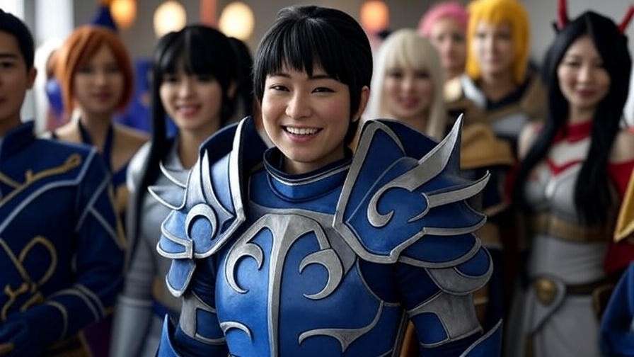 Cosplayers in a convention hall, one in Brienne of Tarth’s blue and silver armor, symbolizing empowerment in Game of Thrones fandom.