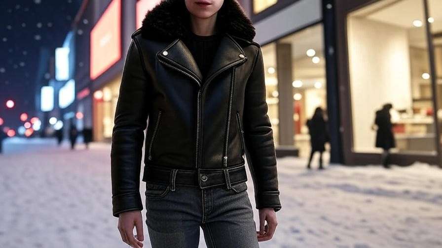 Modern fashion look with black leather jacket and fur collar inspired by Jon Snow’s outfit.