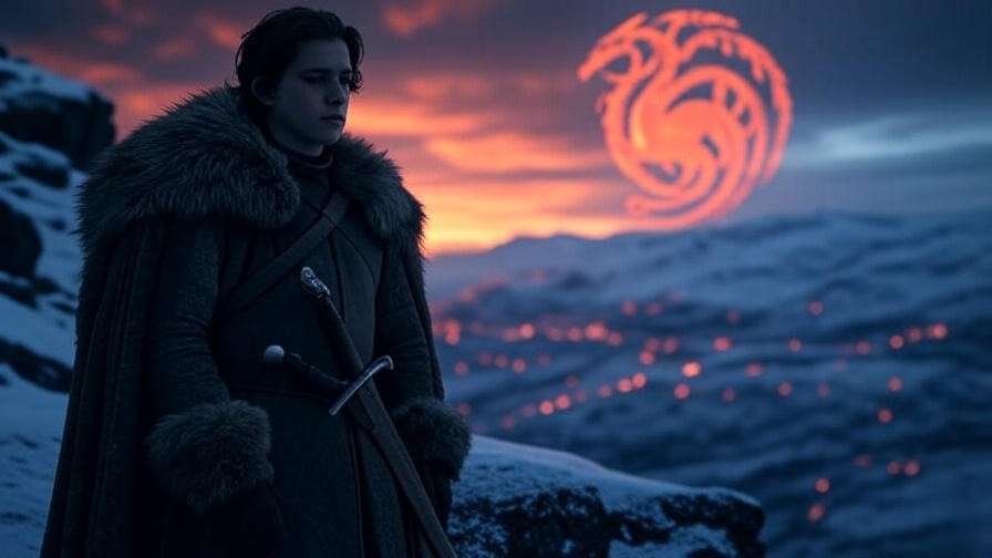 A dramatic 16:9 image of Jon Snow standing on a snowy cliff, gazing at a dragon in a fiery twilight sky, symbolizing his dual Stark and Targaryen identity in Game of Thrones.