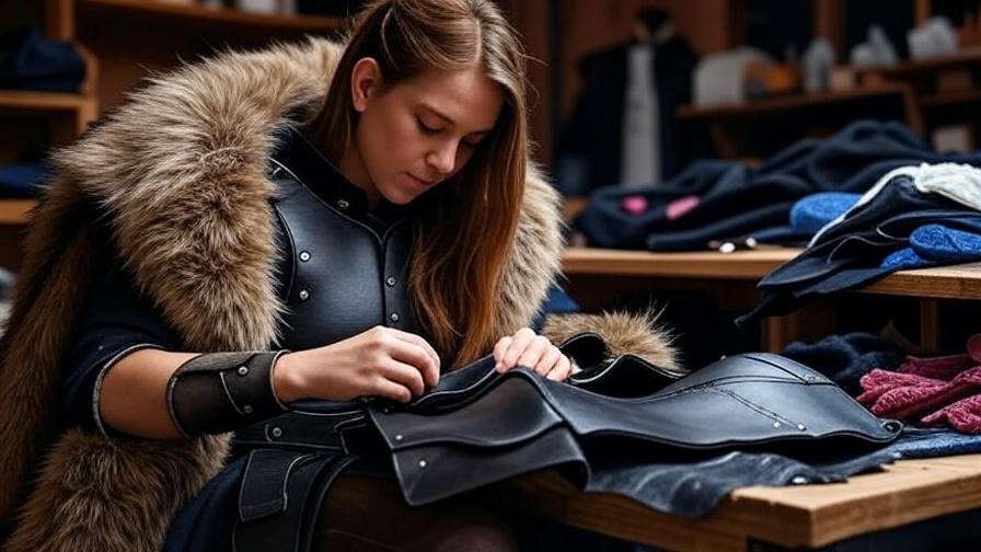 Cosplayer crafting Jon Snow’s black leather armor and fur cloak in a DIY workshop.