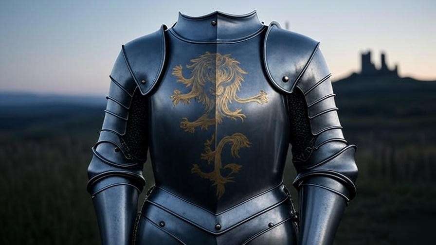 Symbolic minimalist armor with Lannister motifs representing strategy in Game of Thrones
