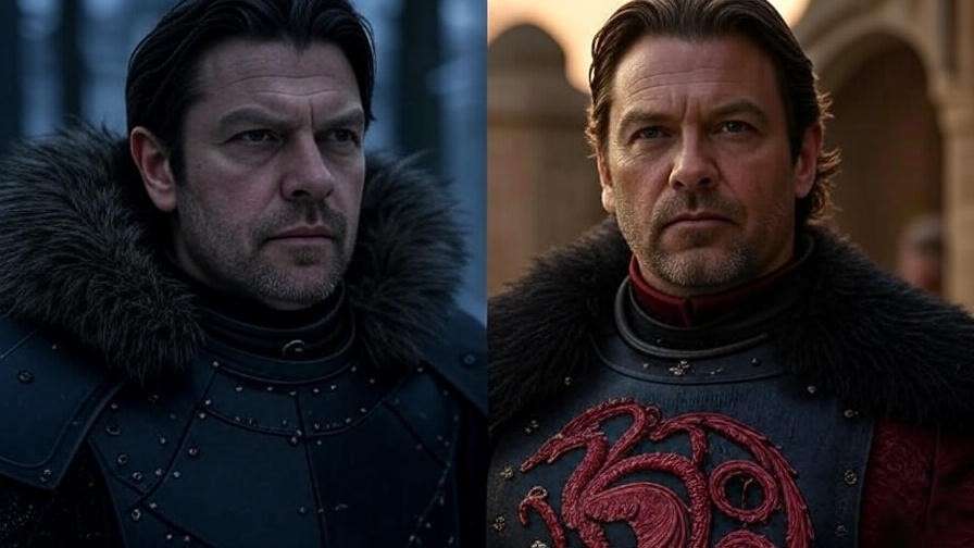 Jon Snow in Night’s Watch and Targaryen attire symbolizing his dual identity in Game of Thrones
