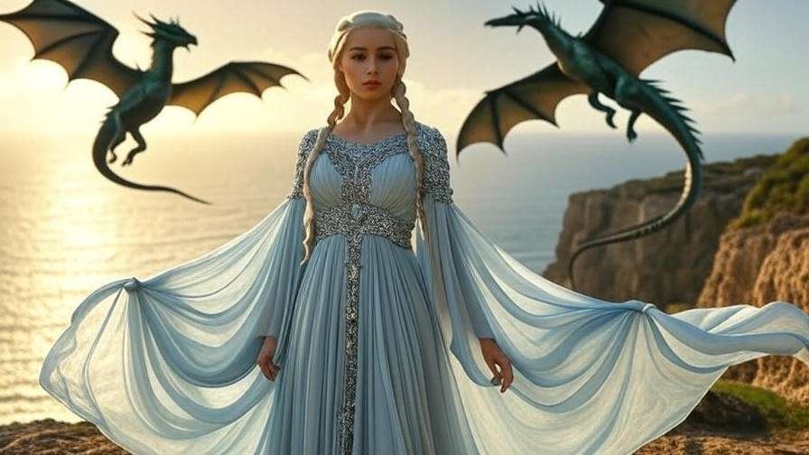 Daenerys Targaryen stands on a cliff with two dragons flying behind her, her pale blue gown flowing in the wind, set against a golden ocean horizon in a Game of Thrones scene.