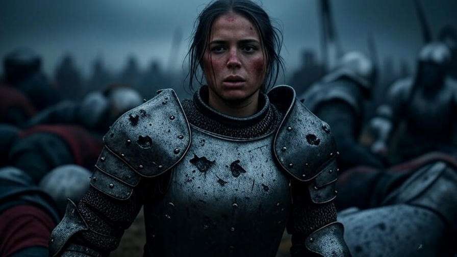 Brienne of Tarth in damaged armor from Game of Thrones set of books, misty battlefield.