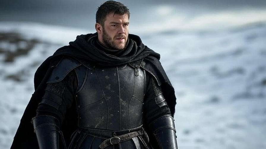 Close-up of Jon Snow’s early Night’s Watch black leather armor and cloak in snowy Northern landscape.