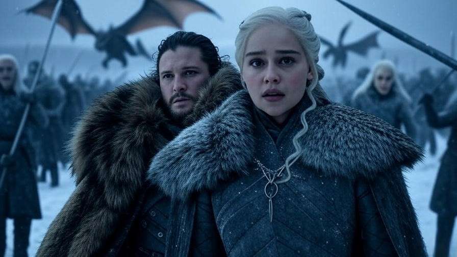 Battle of Winterfell with Jon Snow and Daenerys Targaryen in Game of Thrones.