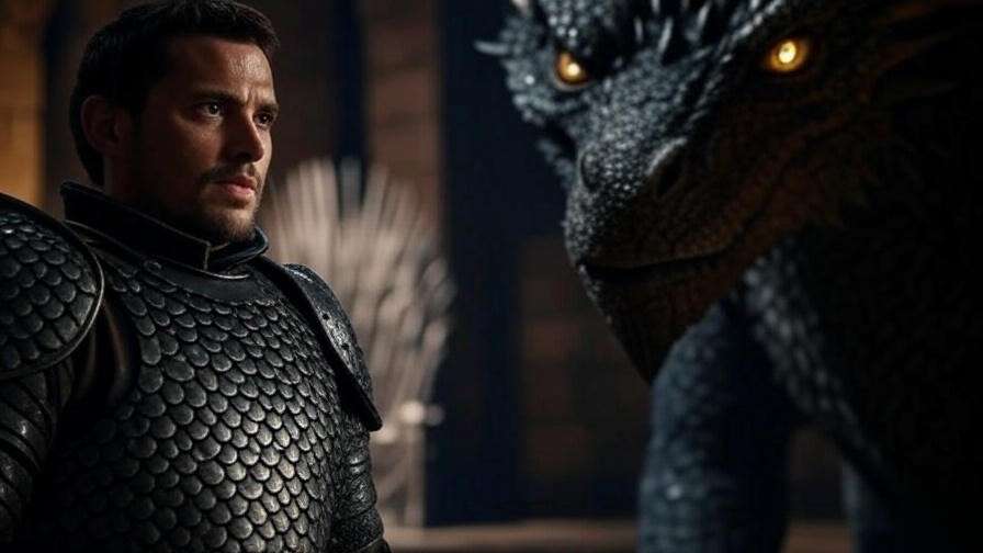 Jon Snow facing Drogon with Iron Throne in background Game of Thrones.