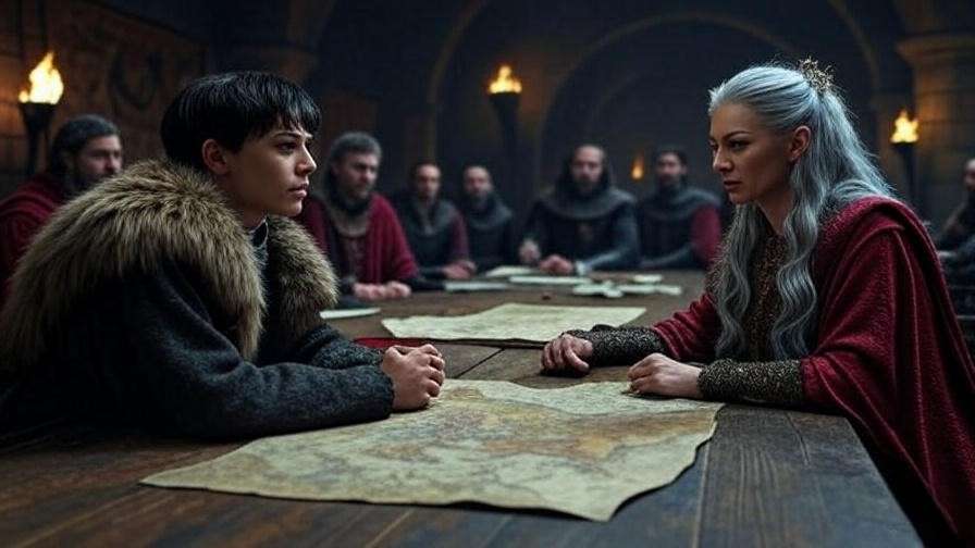 A tense 16:9 image of a medieval council scene from Game of Thrones, showing Jon Snow and Daenerys Targaryen in a heated discussion, reflecting the political fallout of Jon’s true name reveal.