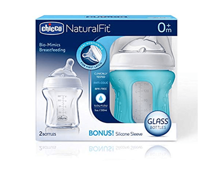 Chicco NaturalFit Glass 2 Pack Slow Flow with Bonus Silicone Sleeve, 9 Ounce, 0 Months Plus 