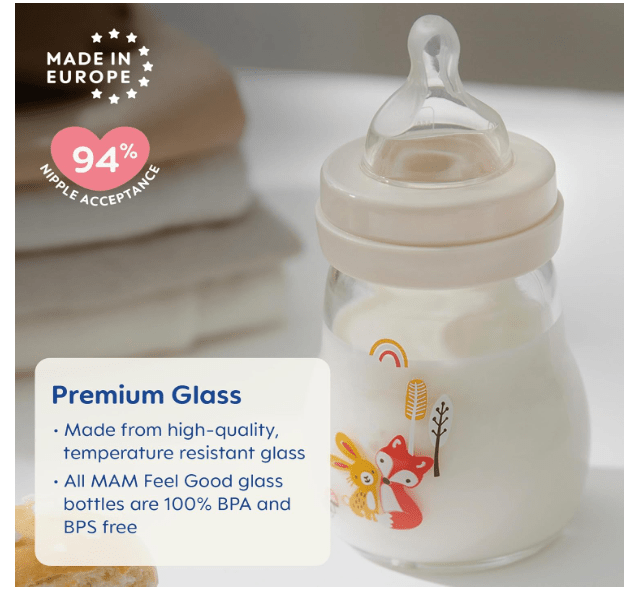 MAM Premium Glass Baby Bottles, Easy Switch Between Breast and Bottle, Feel Good Slow Flow, Newborn Essentials Must Have, 0+ Months, BPA Free, 6oz, Boy, 1 Pack 