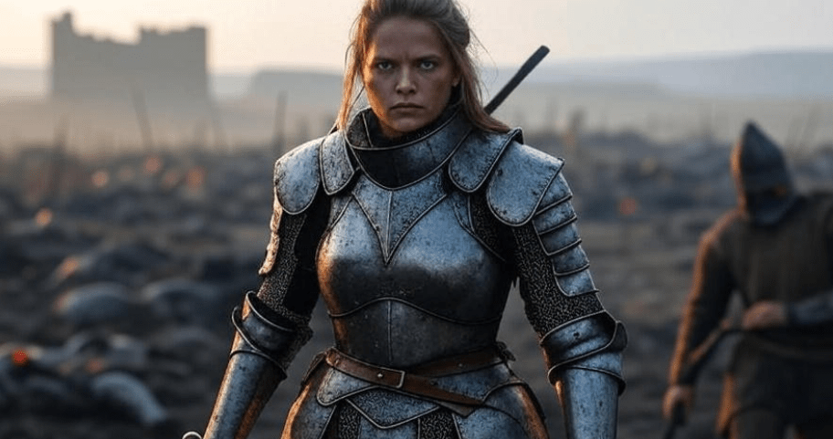 A female warrior in weathered early armor on a misty battlefield in Game of Thrones, symbolizing Brienne of Tarth’s struggle.