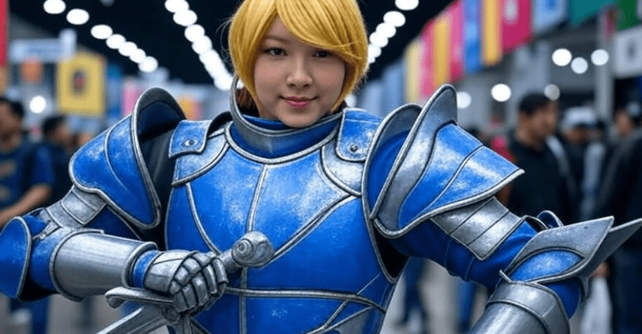 A cosplayer in detailed Brienne of Tarth armor at a convention, inspired by Game of Thrones.