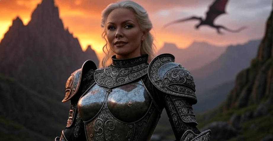Regal woman with dragon silhouette symbolizing Daenerys Targaryen leadership in Game of Thrones.