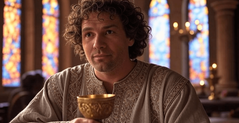 Man with goblet in grand hall symbolizing Tyrion Lannister wit in Game of Thrones.