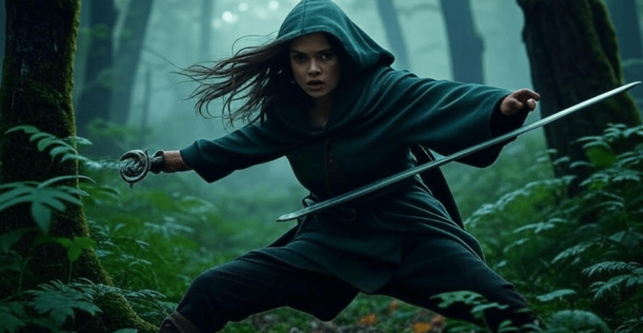 Young woman with sword in misty forest symbolizing Arya Stark independence in Game of Thrones.