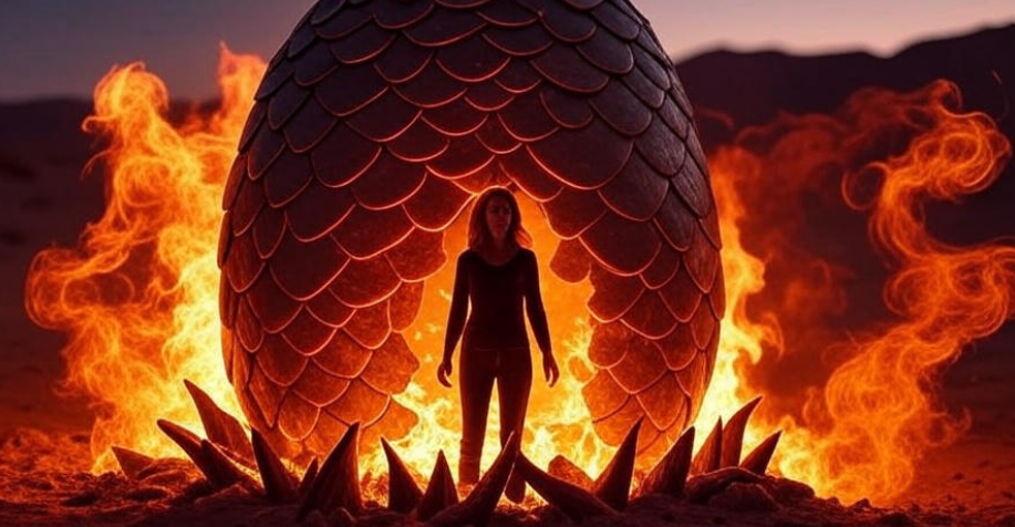 Fiery dragon egg hatching in a desert pyre with a triumphant woman silhouette, symbolizing Game Thrones Drogon’s birth.