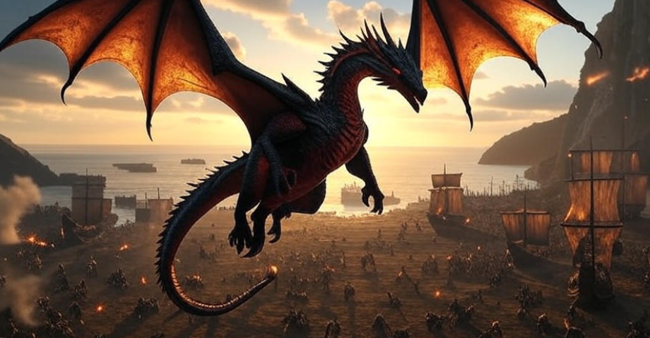 Black-and-red dragon flying over a burning battlefield, showcasing Game Thrones Drogon’s role in Daenerys’ conquests.
