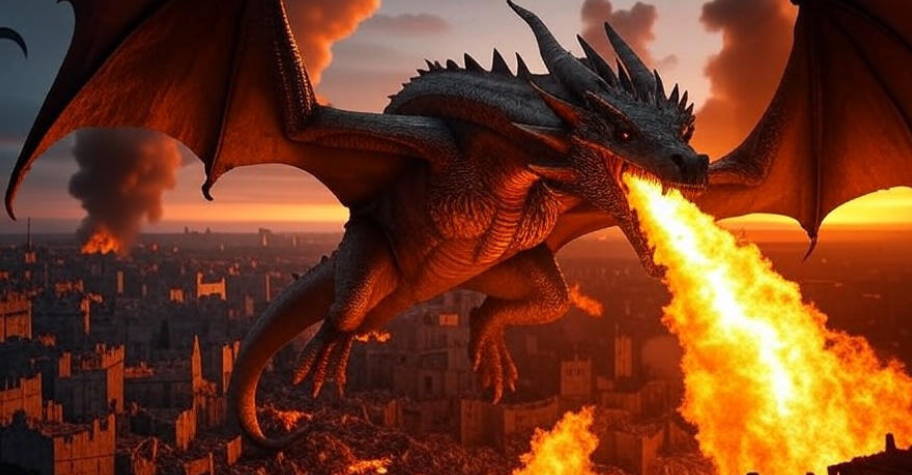 Dragon breathing fire over a crumbling medieval city, depicting Game Thrones Drogon’s attack on King’s Landing.