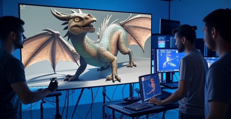 VFX studio with 3D dragon model on screen, illustrating the creation of Game Thrones Drogon."